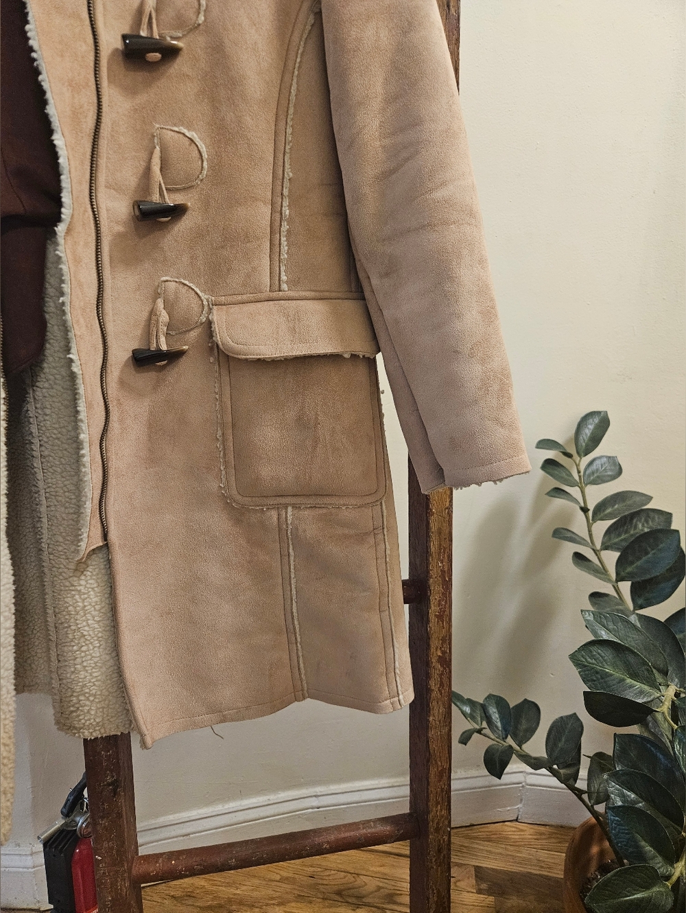 GAP Tan Shearling-Trim Toggle Trench Coat - Picture 3 of 6